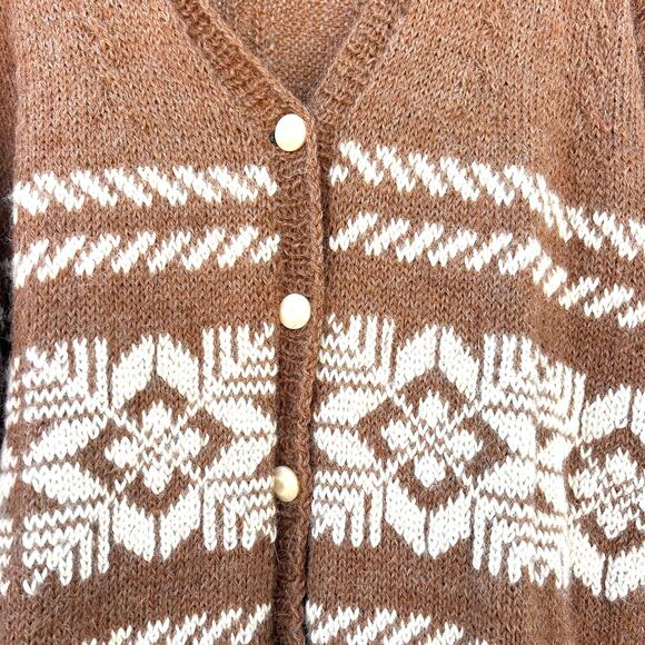 Vintage Hand-Knit Nordic Button Cardigan Oversized Brown Fair Isle XL Grandpa - Picture 5 of 6